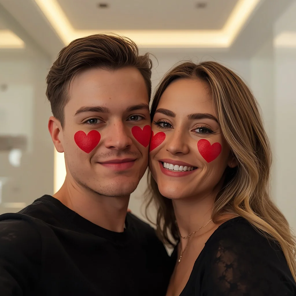 Intimate Selfie Moment: Couple with a Split Heart on Cheeks | Uploaded Exact Facial — AI image prompt