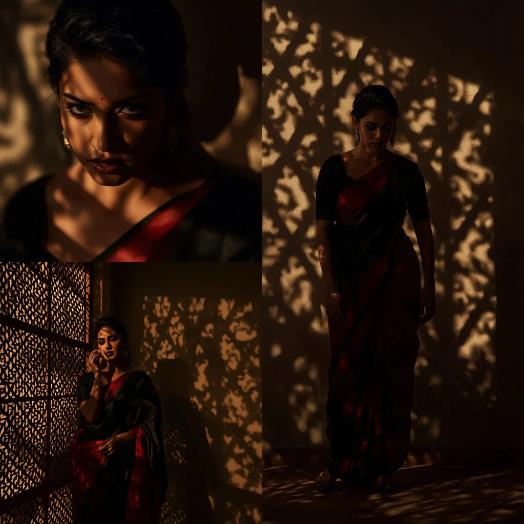 Intricate Lattice Shadow Collage: Indian Woman in Dynamic Light and Dark | Lattice Collage Featuring — AI image prompt