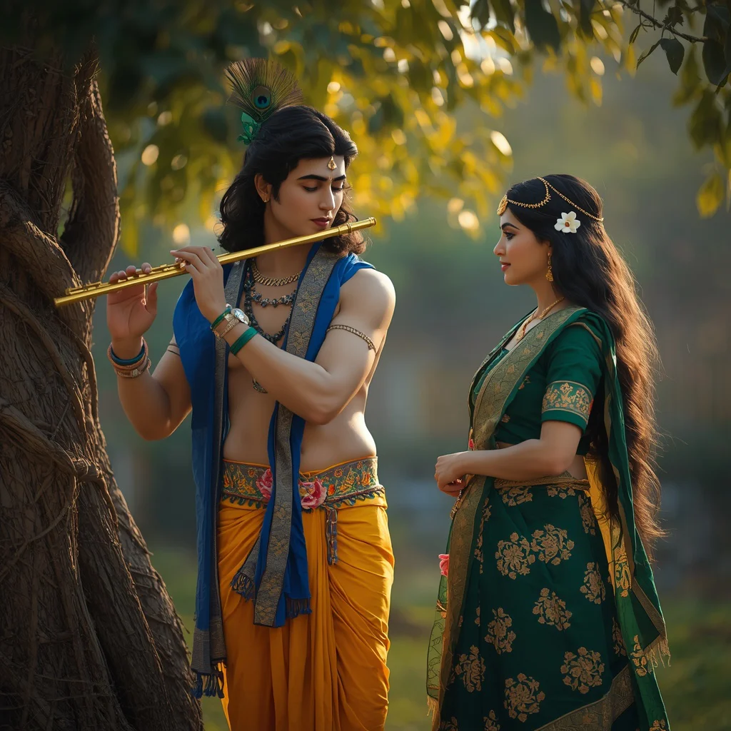Melodies of Love: Krishna's Flute, Radha's Gaze | Ultra-realistic Cinematic Portrait — AI image prompt