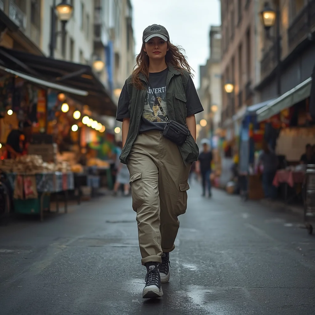 Modern Urban Explorer: A Stylish Cargo Pants Ensemble | Dynamic Urban-inspired Woman — AI image prompt