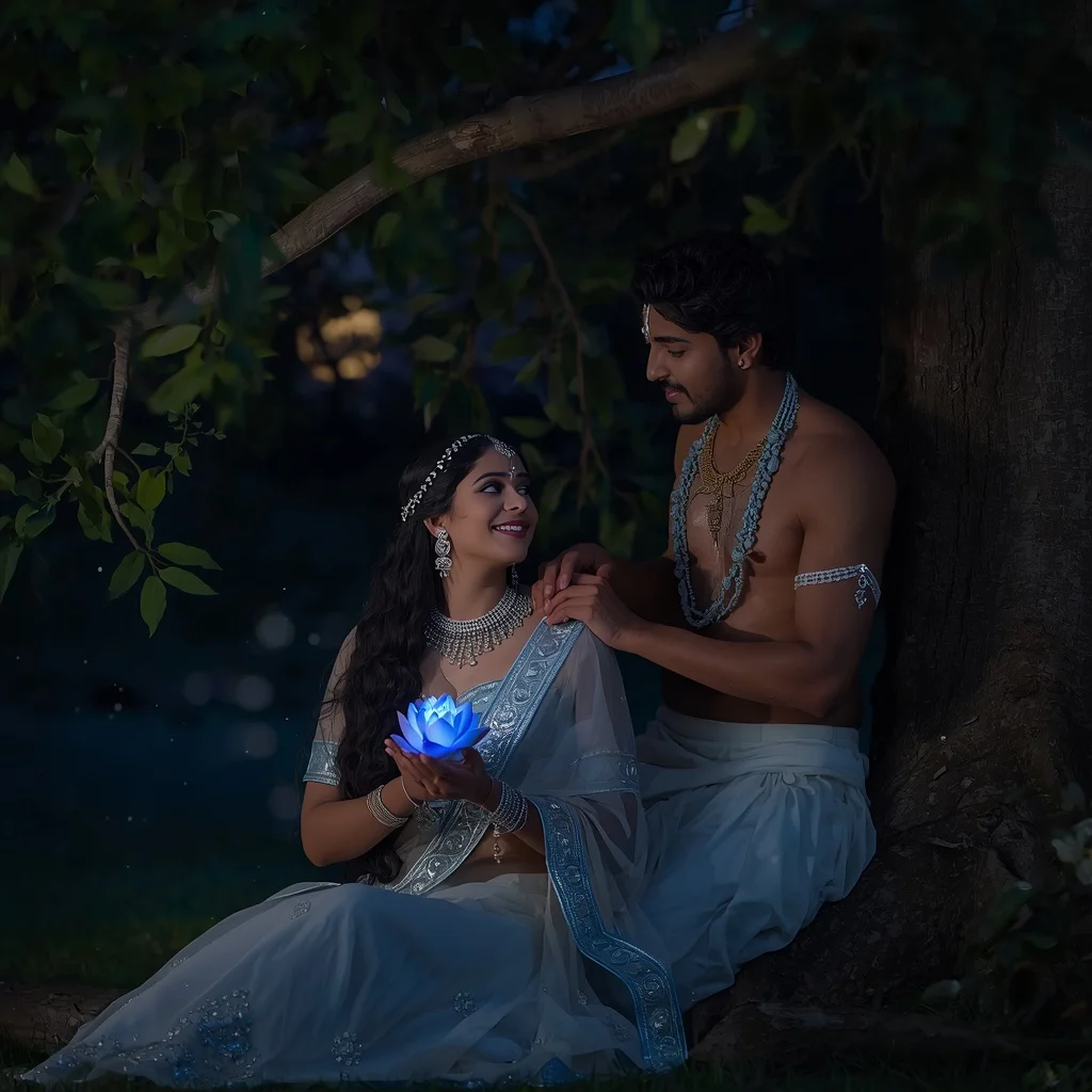 Moonlight Devotion: Radha and Krishna's Quiet Moment | Ultra-realistic Cinematic Portrait — AI image prompt