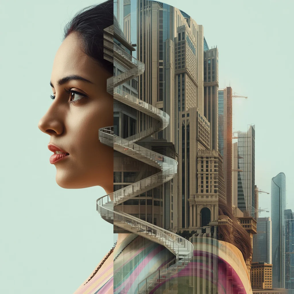 Next-Level Cinematic Collage: Human Body Transforming into Architecture | Next-level Cinematic Collage — AI image prompt