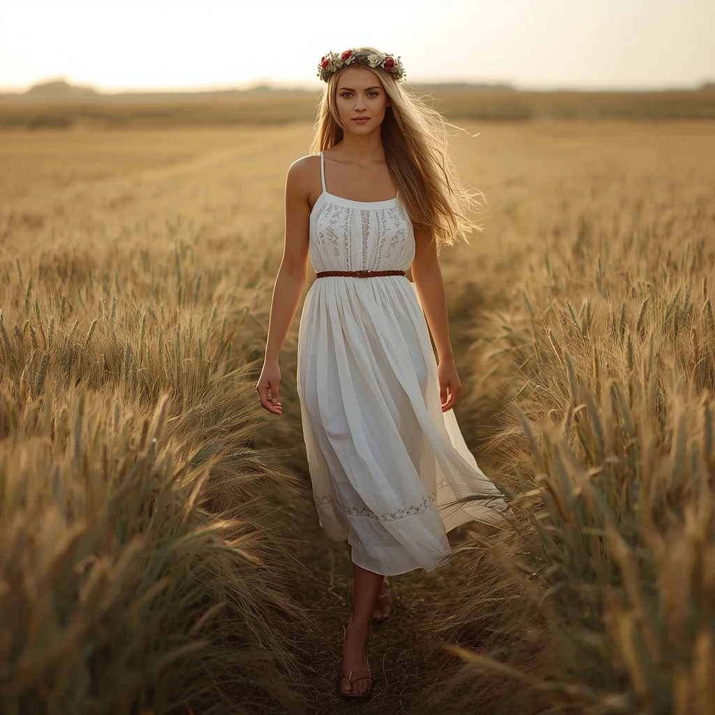 Prairie Elegance with a White Cotton Sundress | Idyllic Full-body Portrait — AI image prompt
