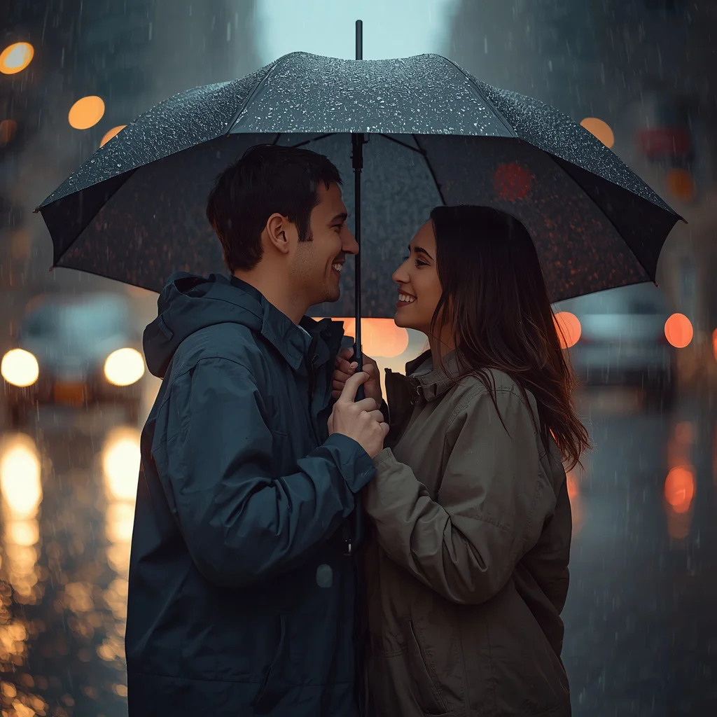 Rainy Day Cuddle: Cozy Love Under an Umbrella | Uploaded Exact Facial — AI image prompt