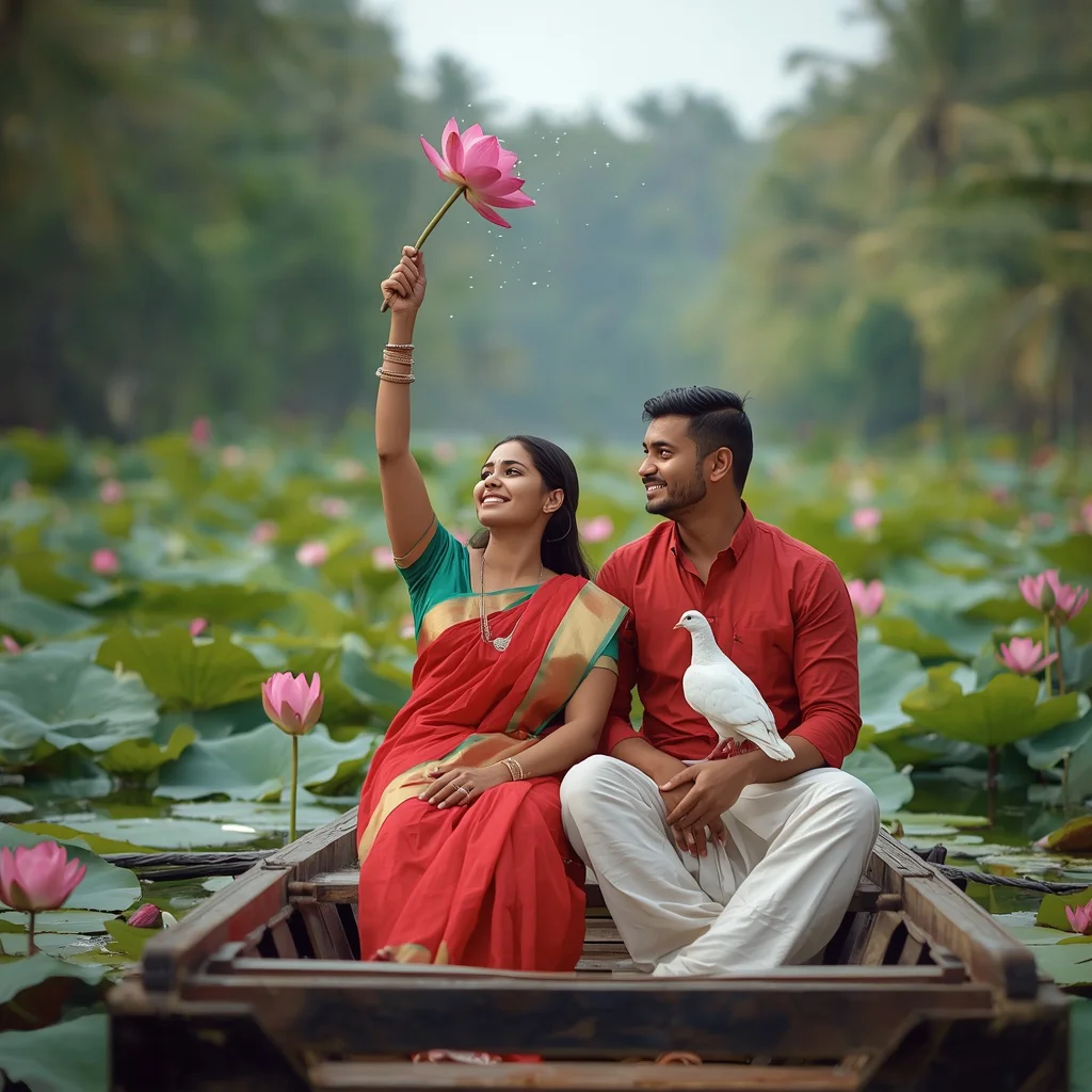Romantic Kerala Backwater Lotus Ride: Couple in Traditional Attire | Uploaded Exact Facial — AI image prompt