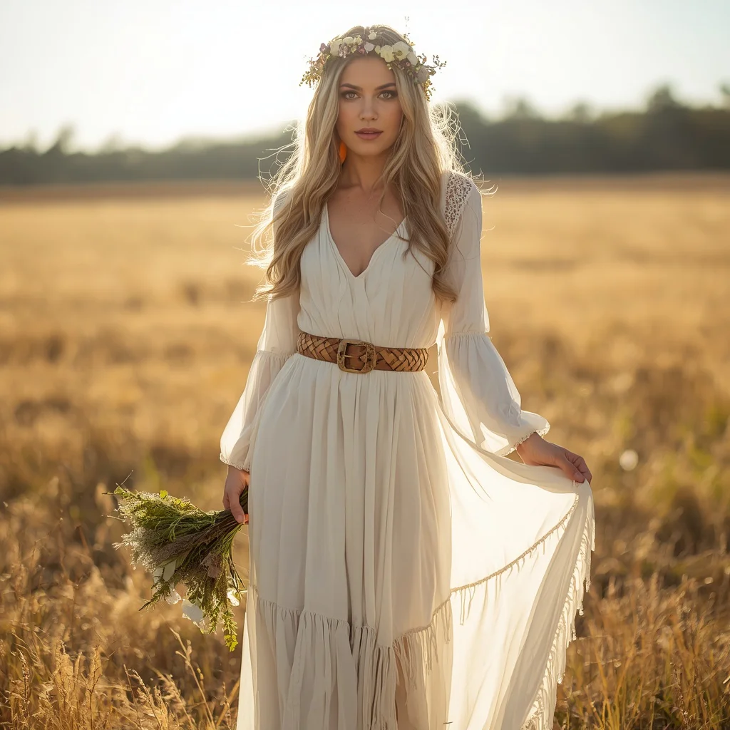 Rustic Chic Western Bridal Dress in a Field | Romantic Full-body Portrait — AI image prompt