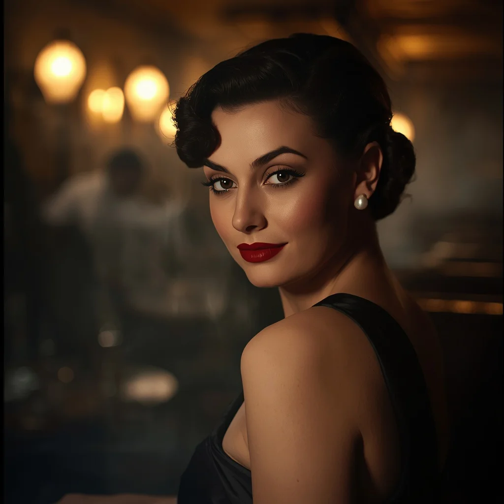 Sultry Noir Starlet in a Smoky Jazz Club | Sultry Close-up Portrait — AI image prompt