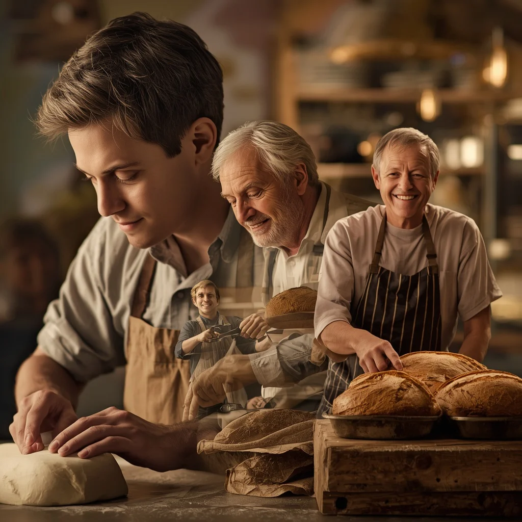 The Artisan Baker's Life: A Man's Passion for Bread Through Time | Visualize Warm Narrative — AI image prompt