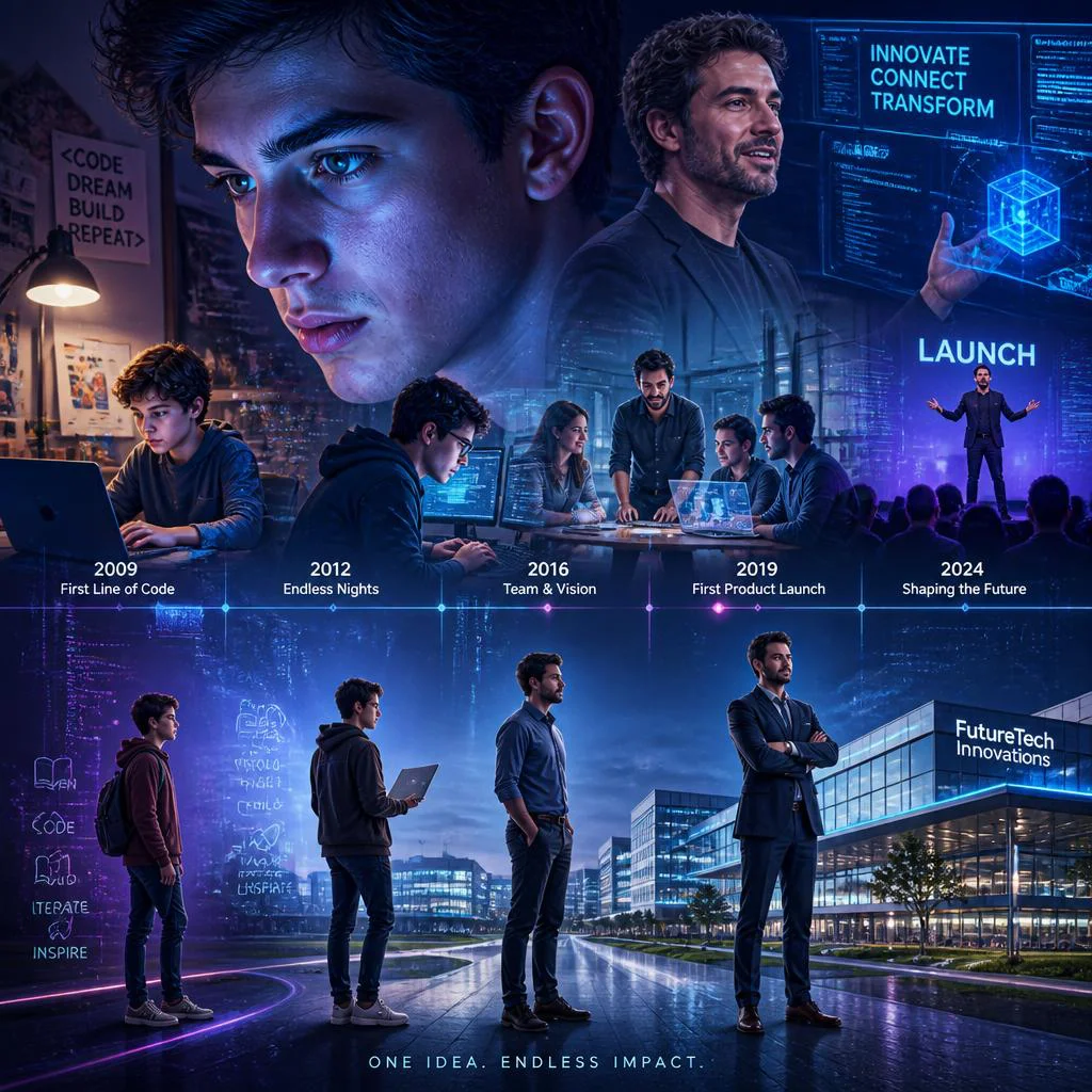The Digital Creator's Journey: A Man's Innovation in the Cyber Age | Visualize Dynamic Narrative — AI image prompt