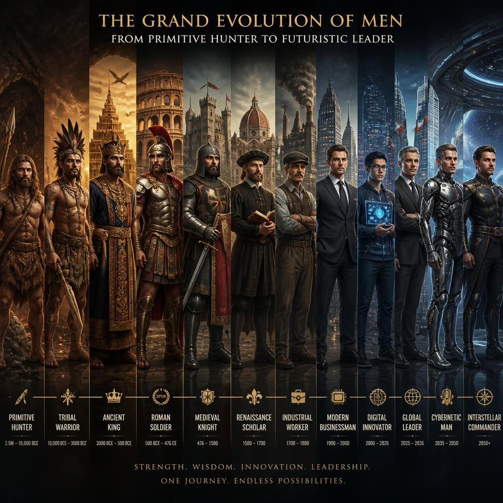 The Grand Evolution of Men from Primitive Hunter to Futuristic Leader | Design Extraordinary Luxury — AI image prompt