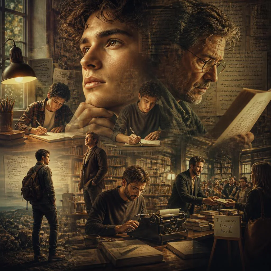 The Writer's World: A Man's Narrative Journey Through Words and Time | Visualize Introspective Timeline — AI image prompt