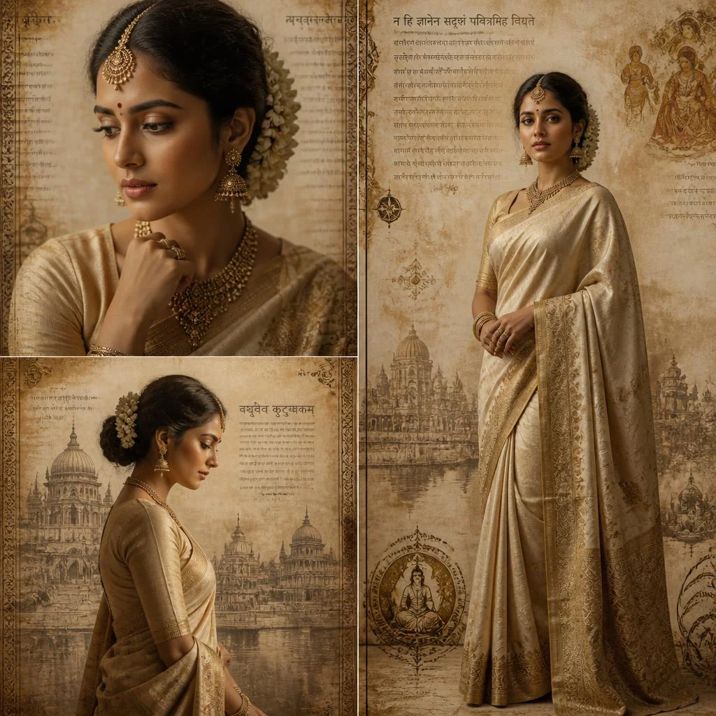 Timeless Silk Scroll Collage: Indian Woman in Elegant Ancient Texts | Timeless Silk Scroll — AI image prompt