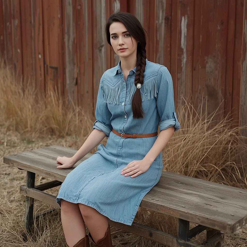 Traditional Western Shirt Dress with Fringe Details | Warm Full-body Outdoor — AI image prompt