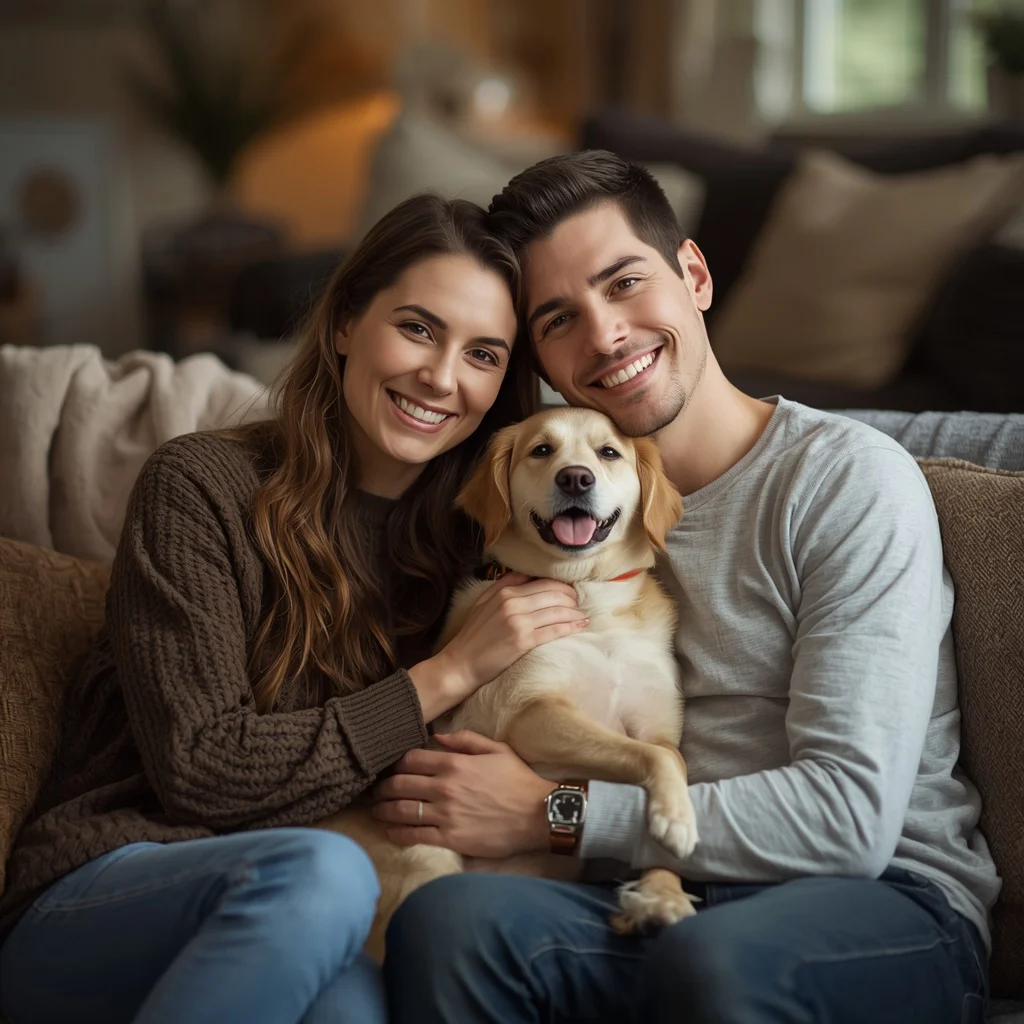 Unconditional Love: A Couple and Their Furry Friend | Uploaded Exact Facial — AI image prompt