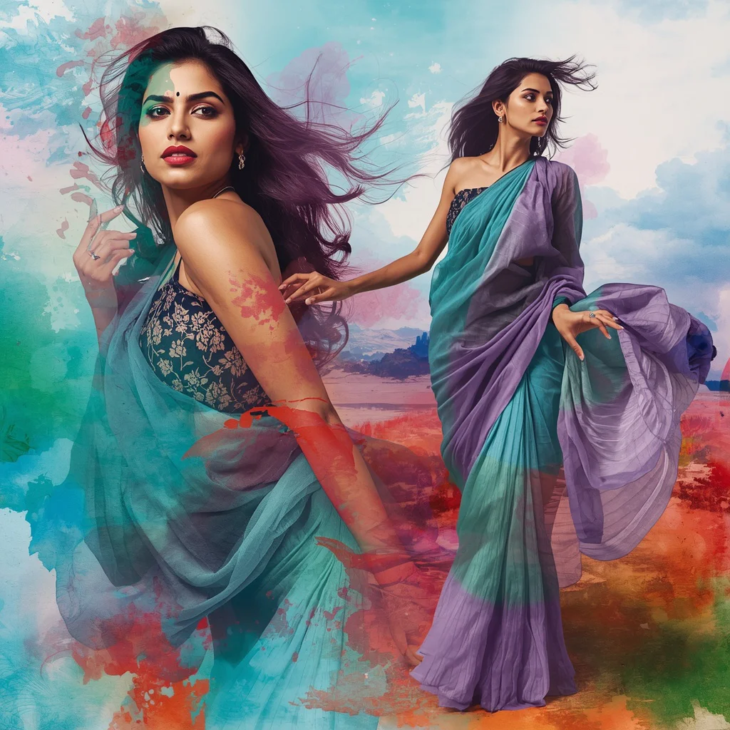 Vibrant Abstract Watercolor Collage: Indian Woman in Fluid Artistic Strokes | Vibrant Abstract Watercolor — AI image prompt