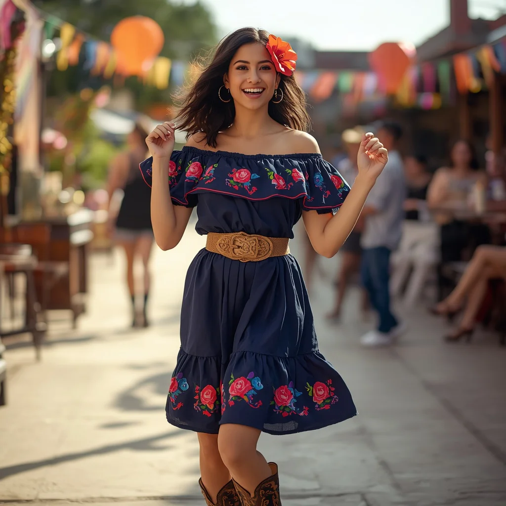 Vibrant Mexican Folkloric Western Party Dress | Lively Full-body Portrait — AI image prompt