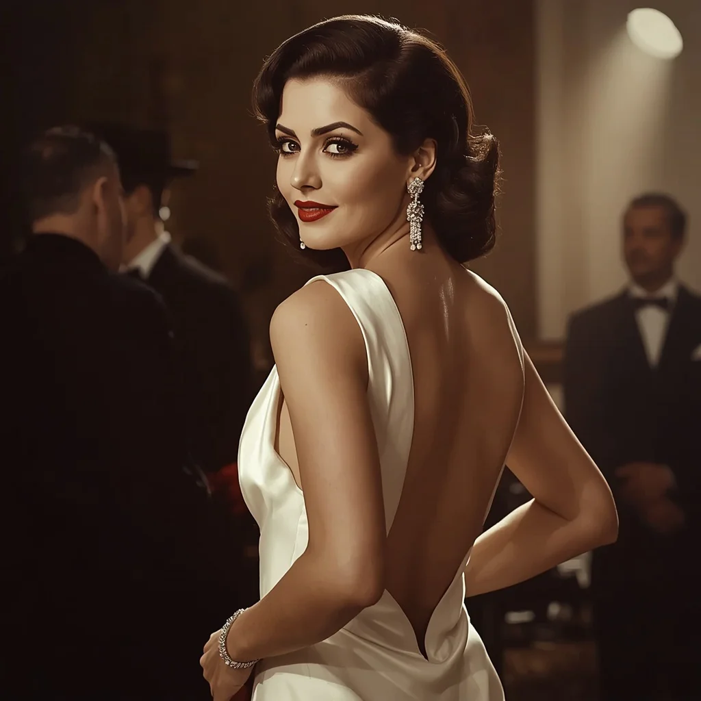 Vintage Hollywood Screen Siren: A Classic White Satin Gown | Timeless Elegant Full-body — AI image prompt