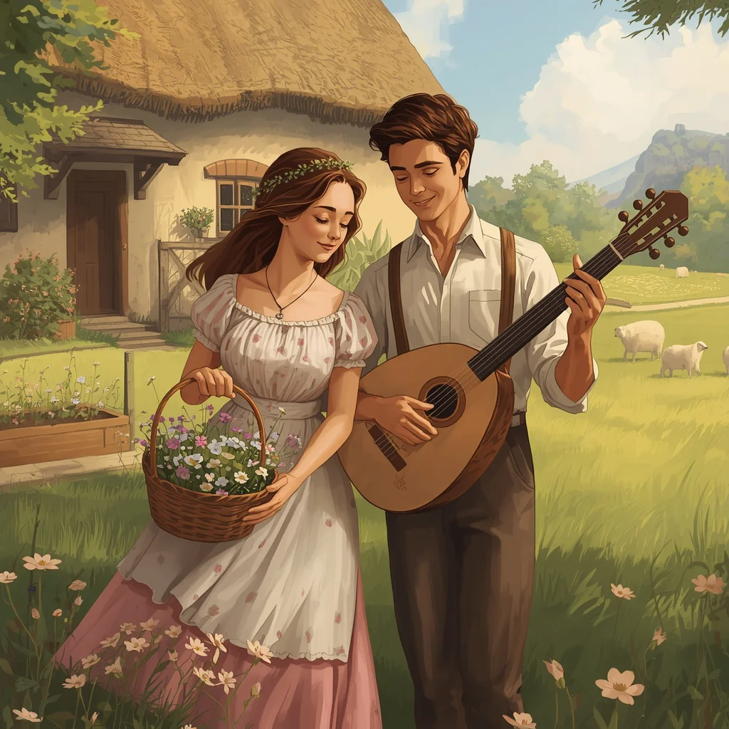 Whimsical Cottagecore Life: A Pastoral Couple's Portrait | Whimsical Cottagecore-style Illustration — AI image prompt